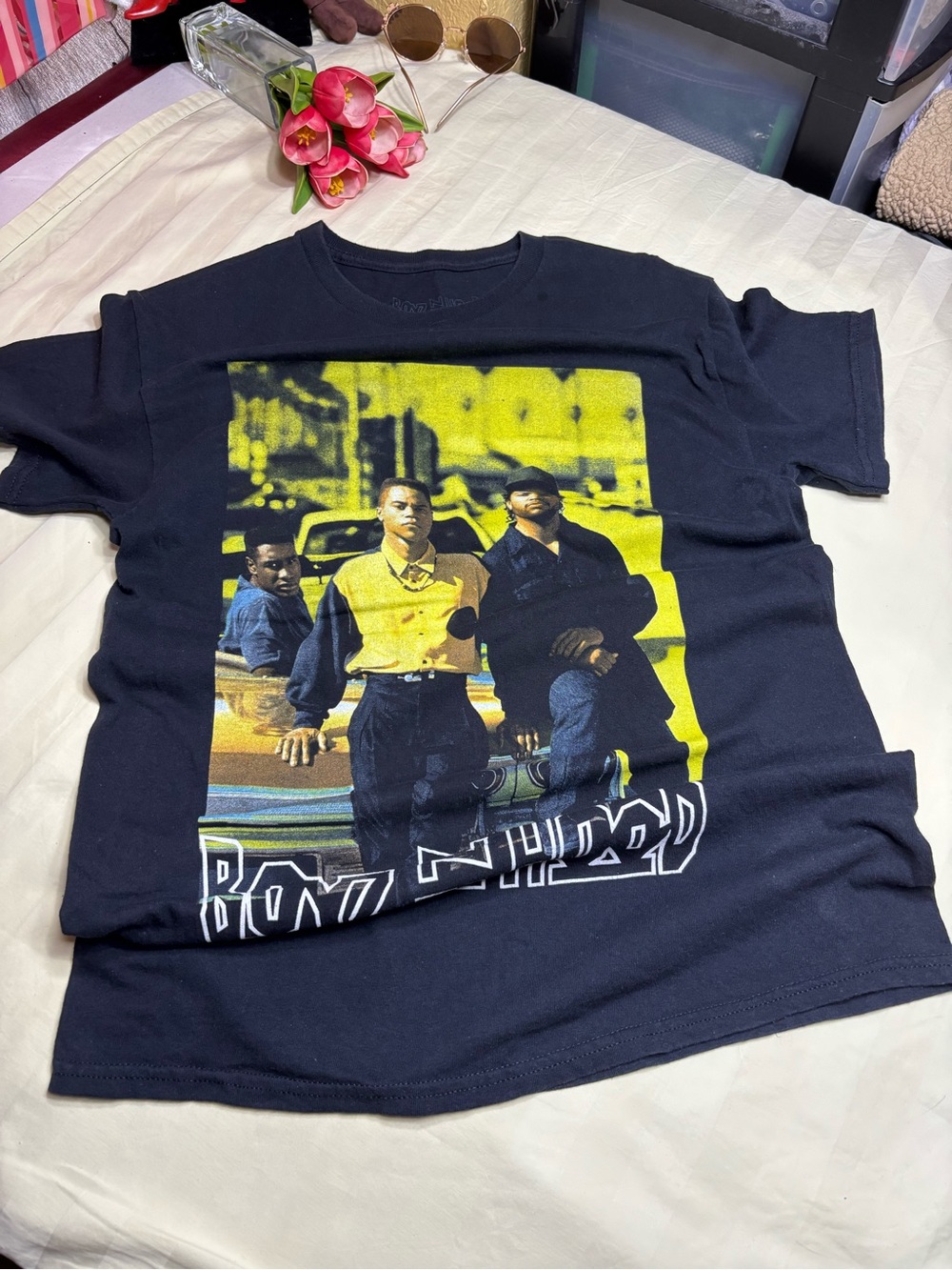 Boys N the Hood Graphic Band Crew Neck T-Shirt - Black with Yellow Print